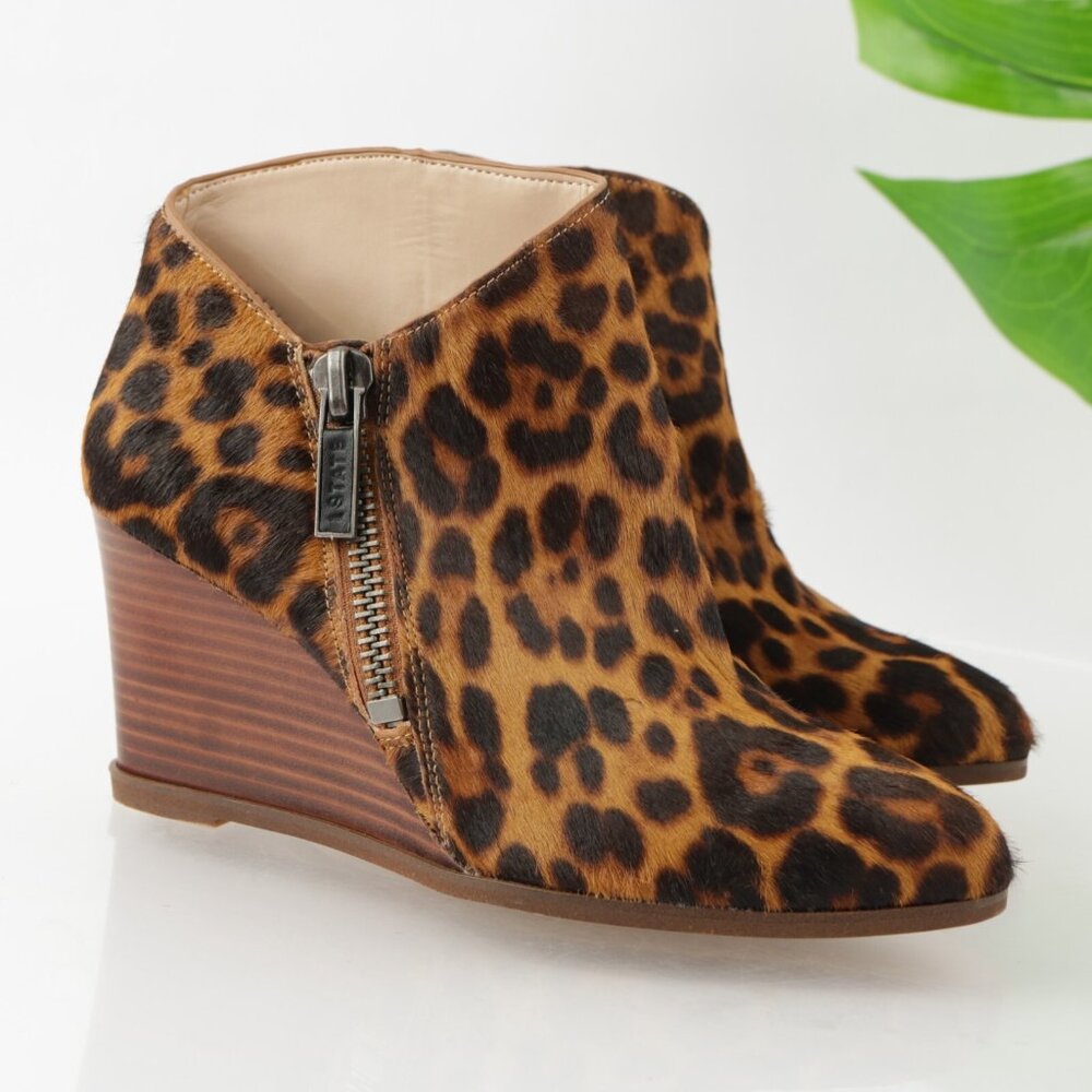 1.STATE Womens Kaleb Boot Size 7 Brown Pony Calf Hair Leopard Wedge‎ Zip Bootie